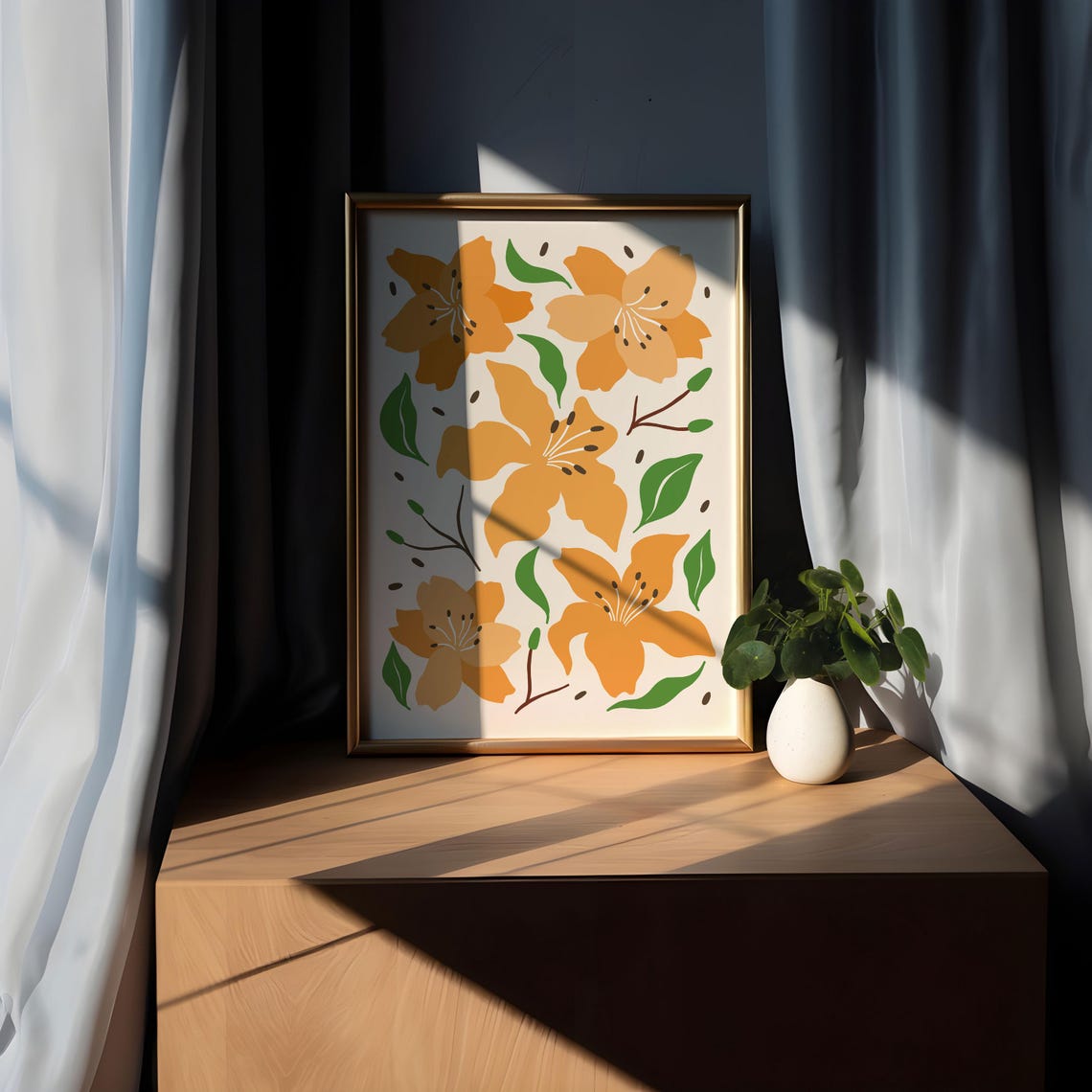 Orange Lily Botanical Poster with Green Leaves on Cream Background - Image 5