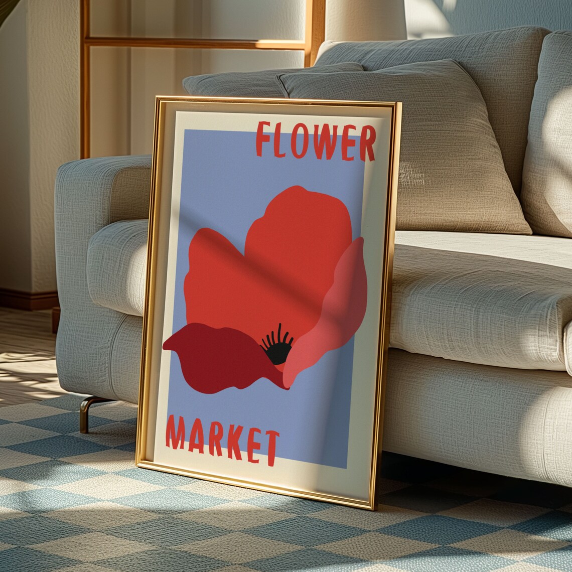 Red Poppy Blossom on Periwinkle Blue Retro Flower Market Poster - Image 3