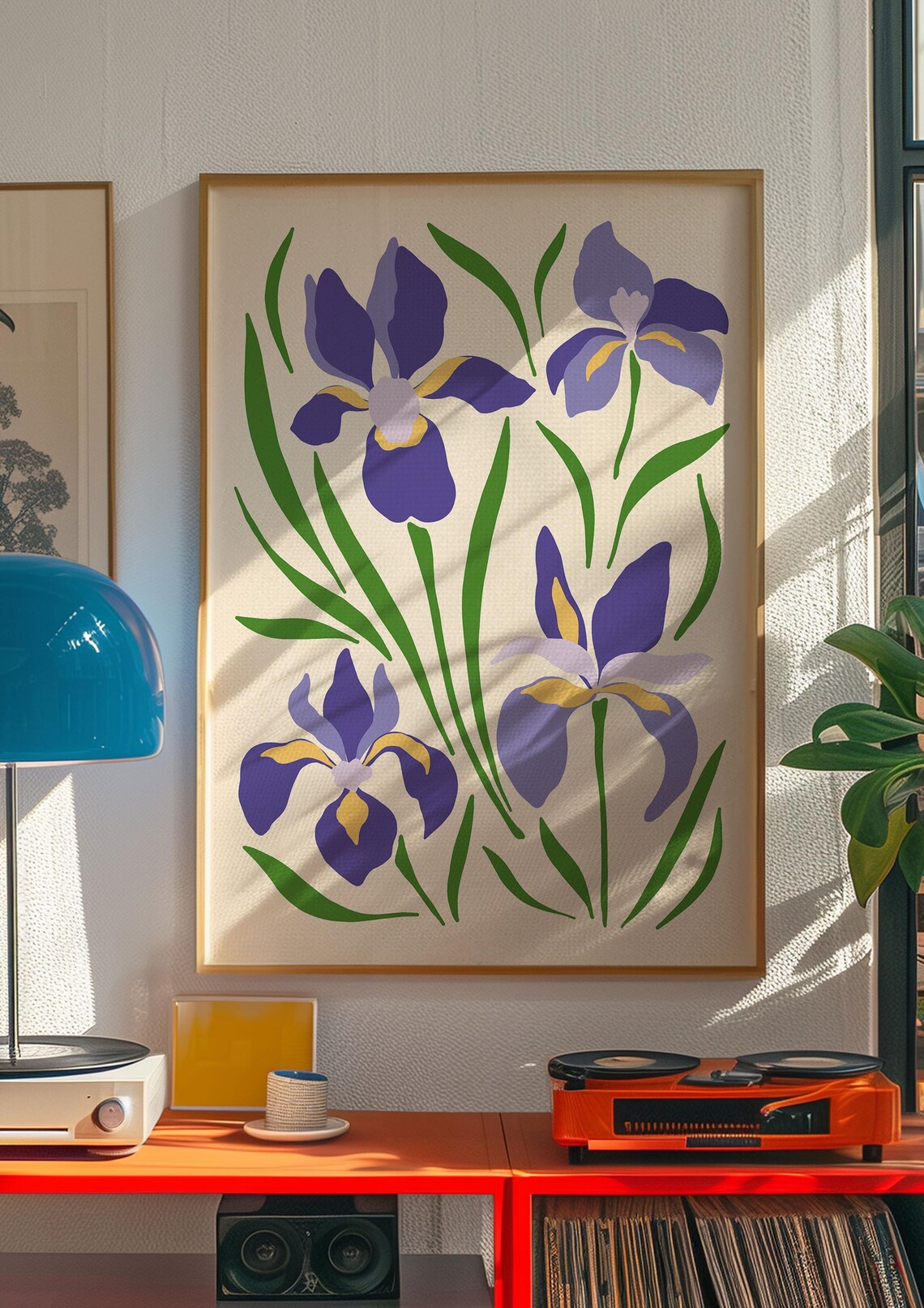 Purple Iris Botanical Poster with Green Leaves on Cream Background - Image 4