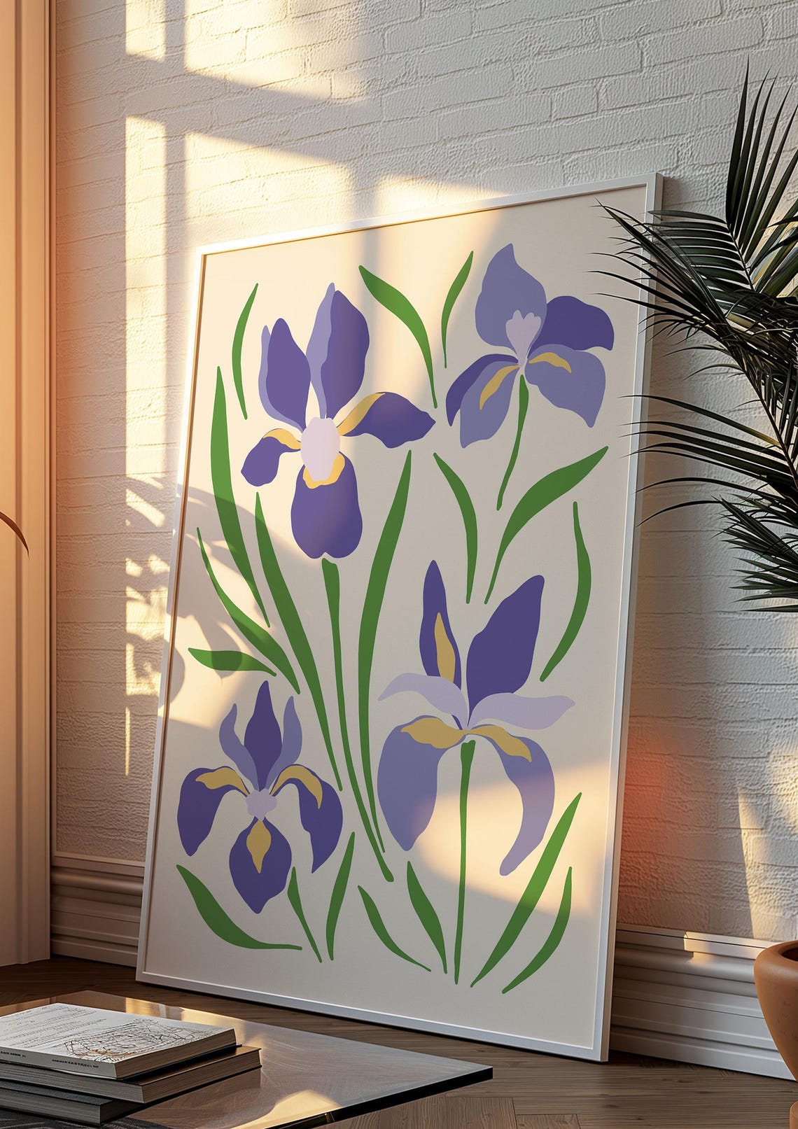 Purple Iris Botanical Poster with Green Leaves on Cream Background - Image 3