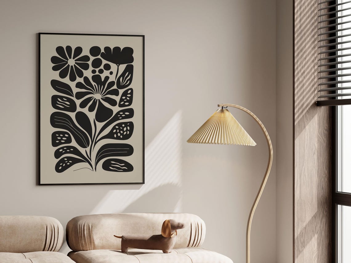 Beige Black Daisy Dotted Leaf Abstract Floral Botanical Poster - Image 3