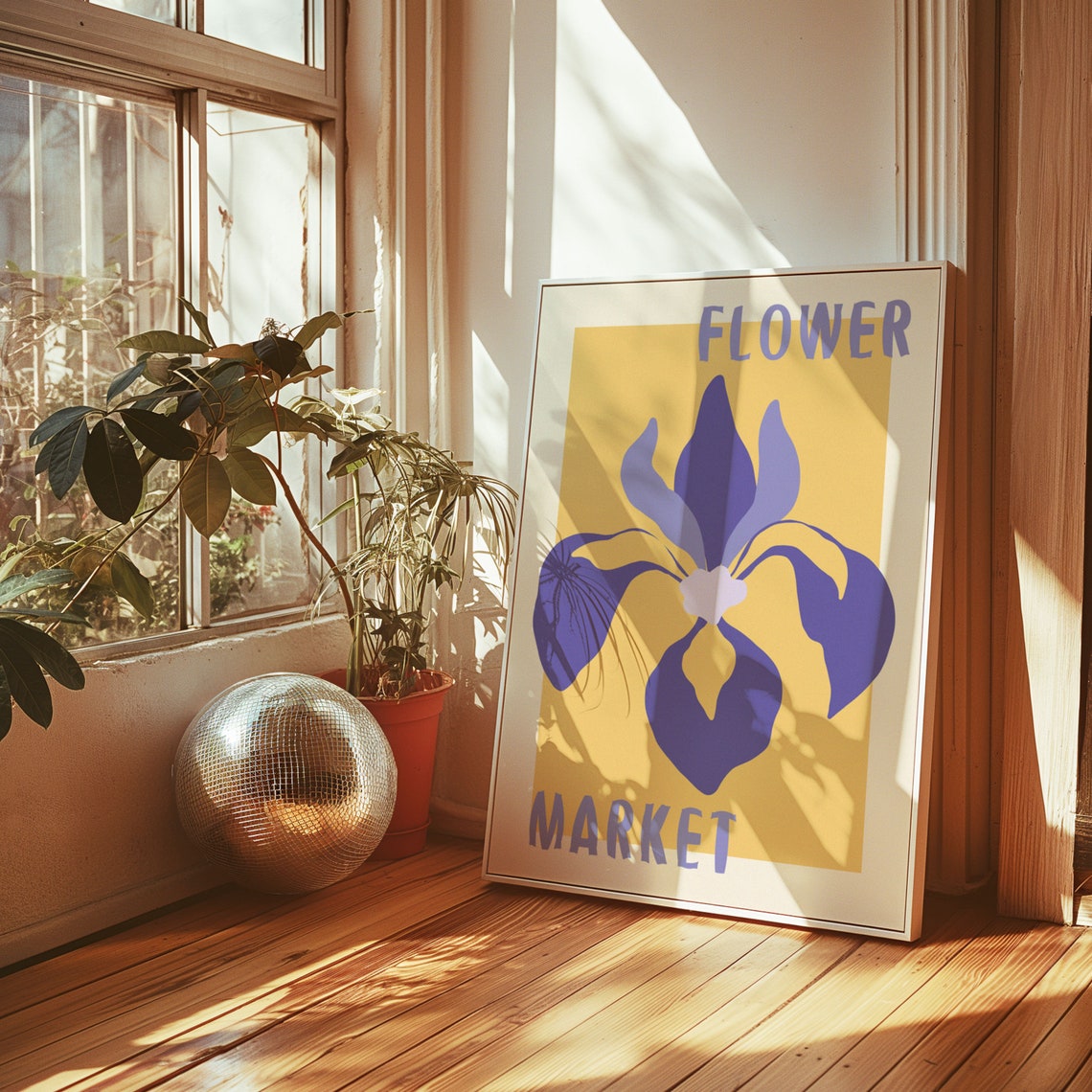 Purple Iris Bloom on Golden Yellow Retro Flower Market Art Poster
