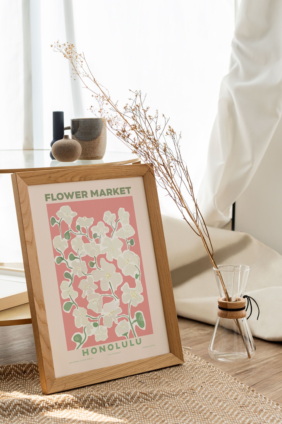 Honolulu Flower Market Poster White Orchids On Coral Tropical Art - Image 4