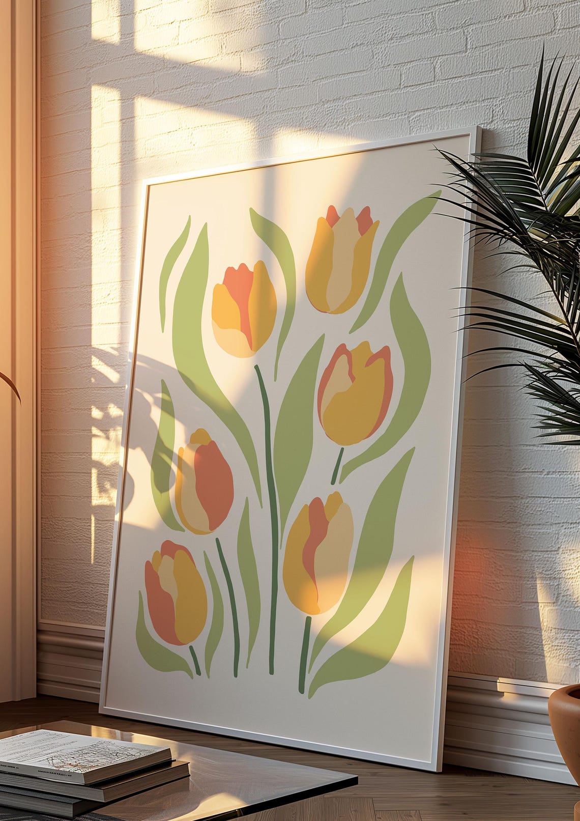Orange Tulip Botanical Poster with Green Leaves on Cream Background - Image 3