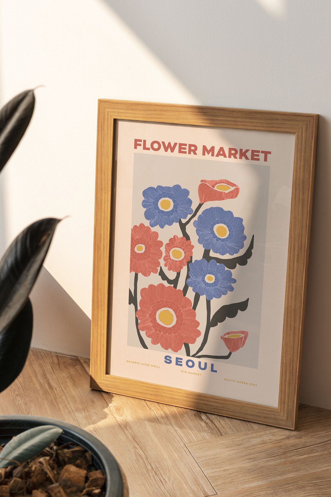 Seoul Flower Market Poster Blue Orange Bouquet Modern Botanical Art - Image 3