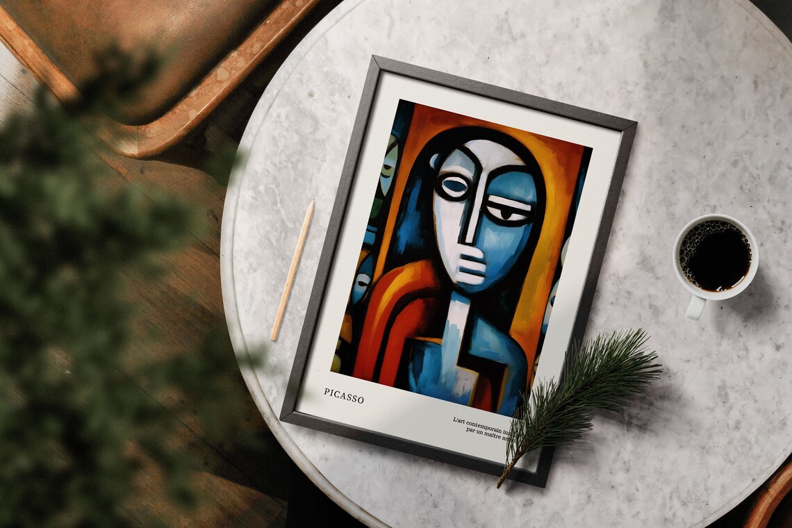Blue Fragmented Cubist Woman Face in Modernist Picasso Style Poster - Image 5