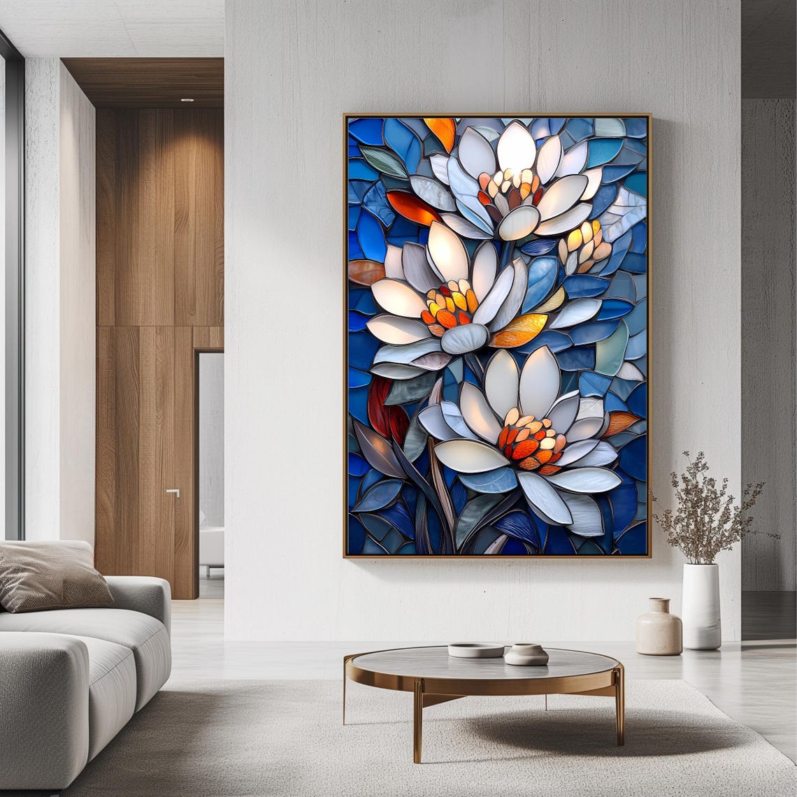 White Blue Flowers Stained Glass Art Elegant Floral Wall Decor Poster - Image 3