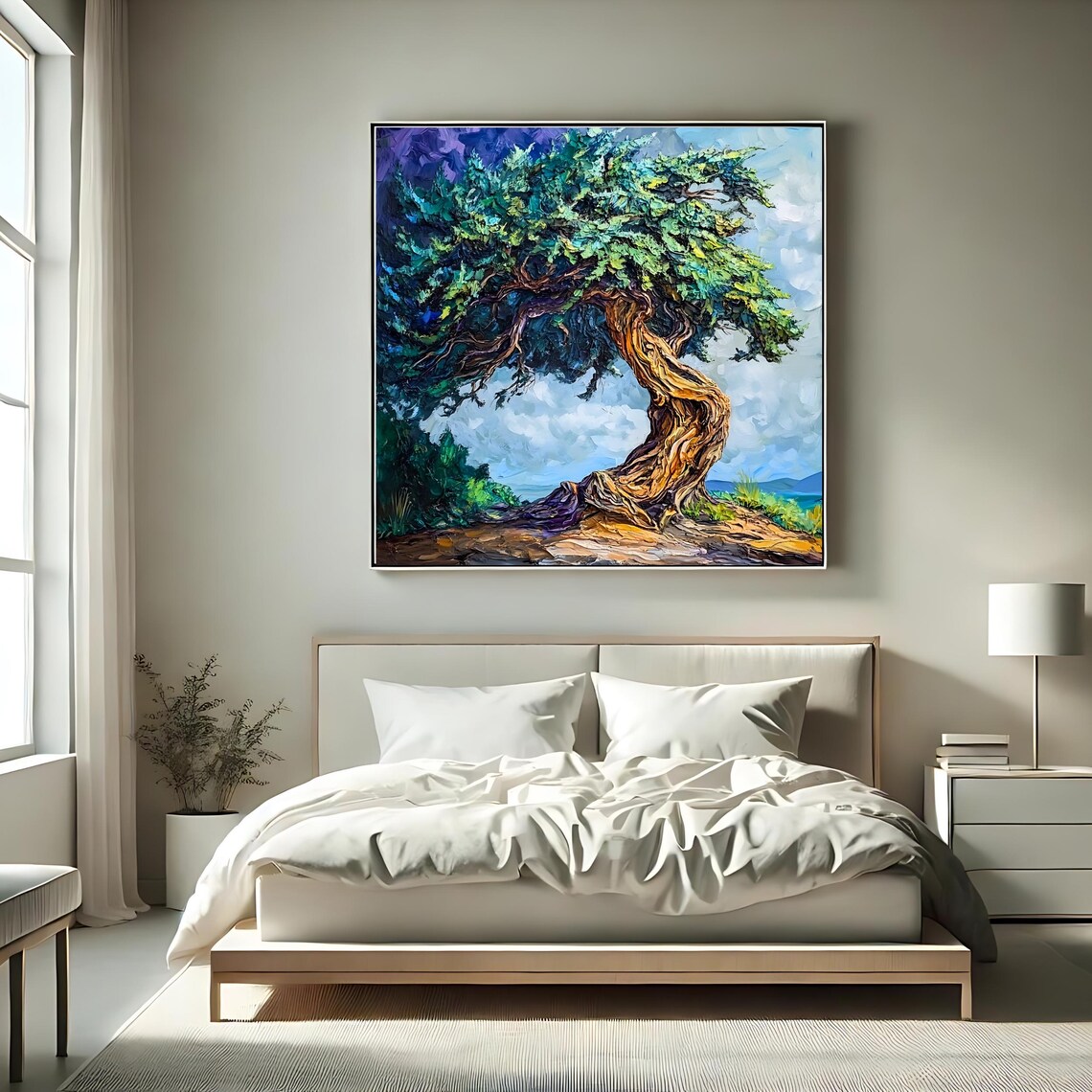 Ancient Olive Tree Art Print Rustic Mediterranean Wall Decor Square Nature Landscape Painting - Image 2