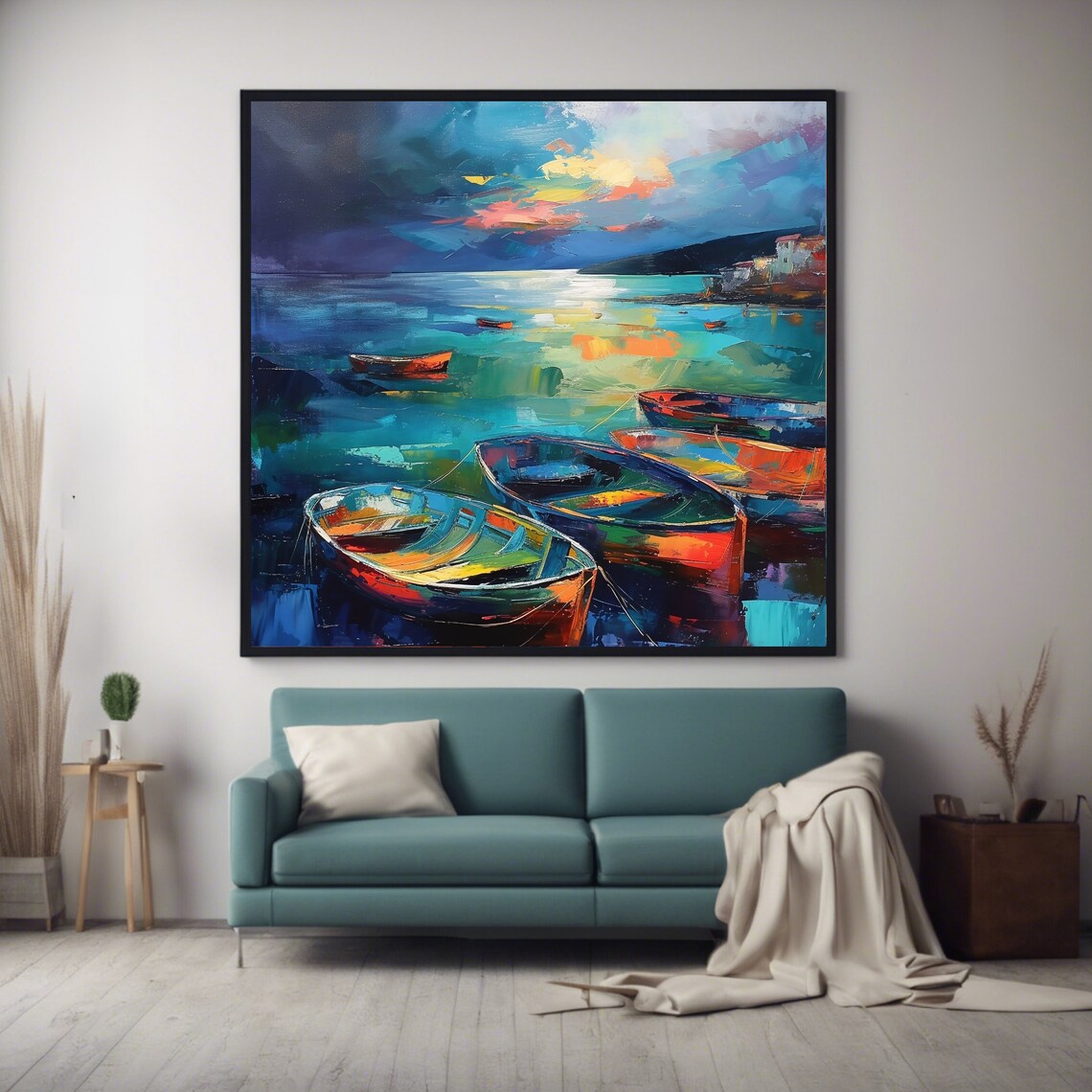 Harbor Fishing Boats Sunset Mooring Colorful Seascape Art Print Poster - Image 4