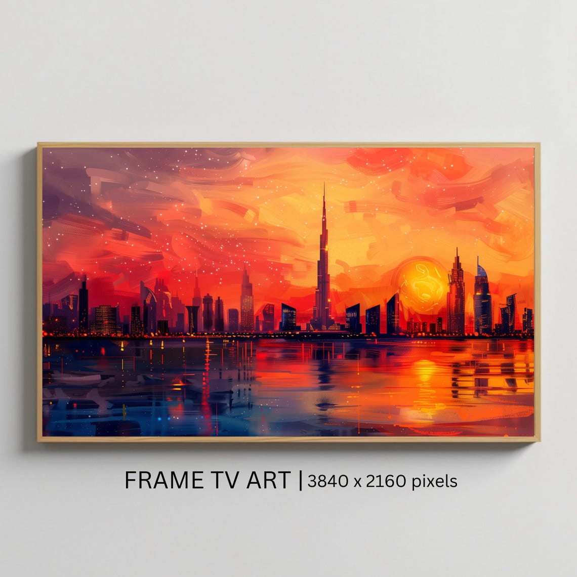 Dubai Skyline Burj Khalifa Sunset Waterfront Colorful TV Art Poster