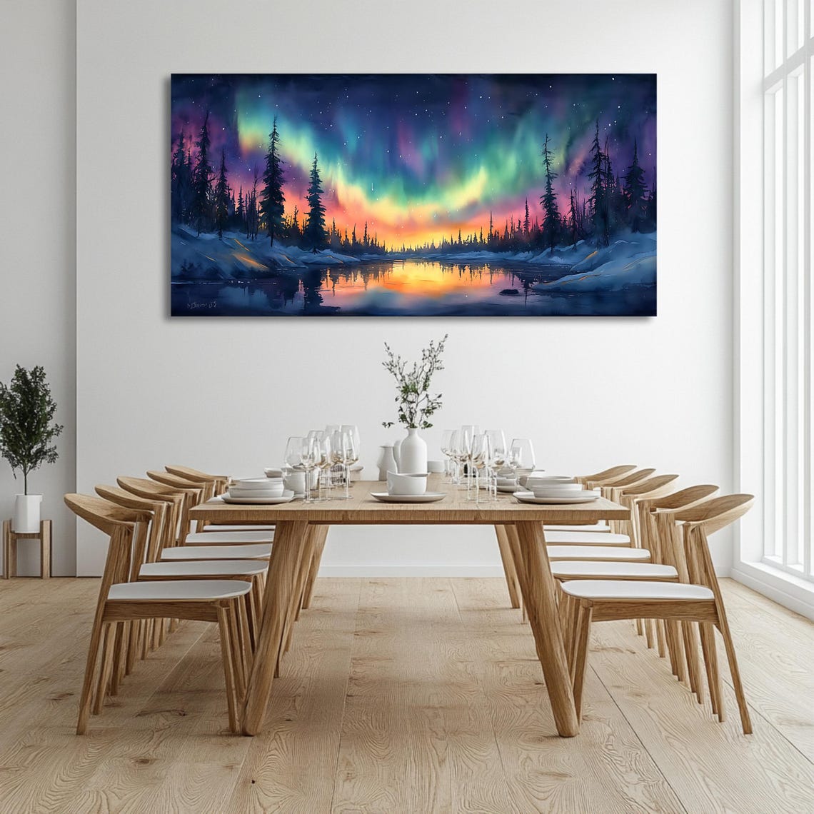 Northern Lights Wall Art Long Horizontal Narrow Print Oversized Panoramic Landscape Artwork For Above Couch Or Bed - Image 3