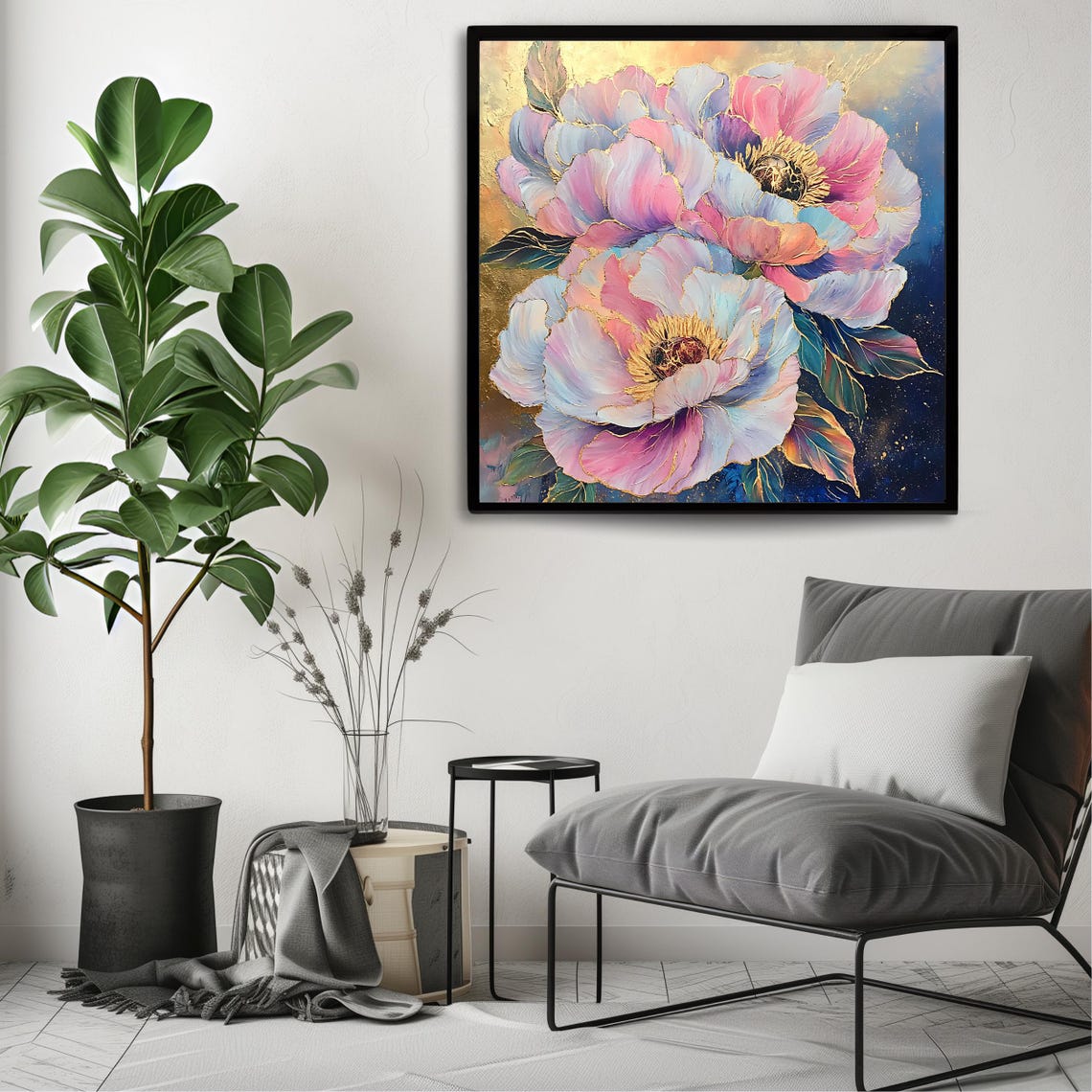 Pink Peony Blossoms Gold Accents Navy Background Botanical Art Print - Image 3
