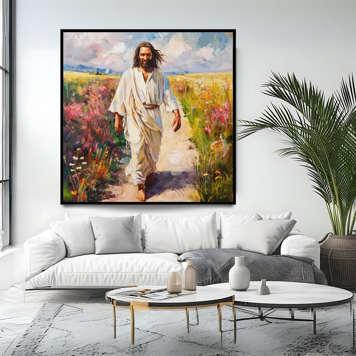 Jesus Walking Through Blooming Flower Field White Robe Faith Painting Poster - Image 4