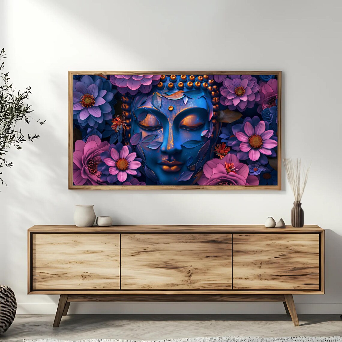 Blue Buddha Face Vibrant Floral Spiritual Zen Meditation Frame TV Art Poster - Image 3