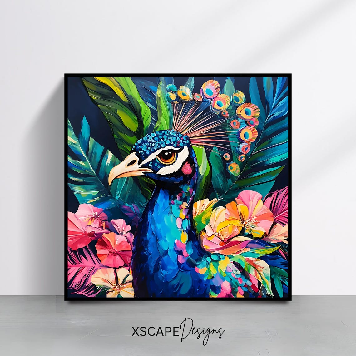 Peacock Portrait Tropical Flowers Vibrant Blue Bird Wildlife Art Print