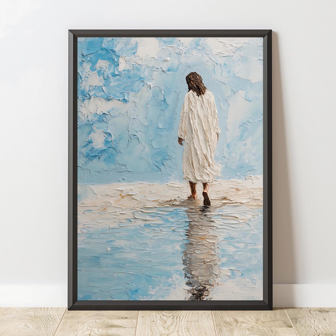 Jesus Walking On Water White Robe Blue Impasto Christian Faith Poster - Image 2