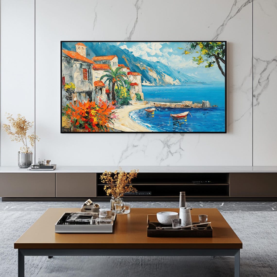 Mediterranean Coastal Town Harbor Red Boats Palm Trees Sea View Print - Image 2
