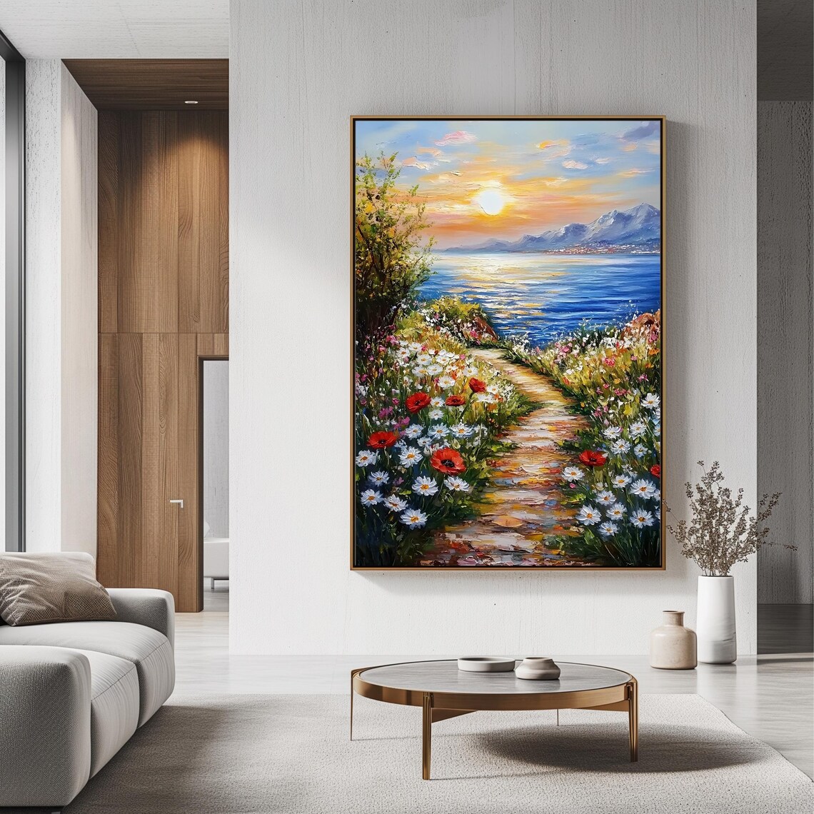 Sunset Wildflower Path To The Sea Daisy Poppy Coastline View Poster - Image 3