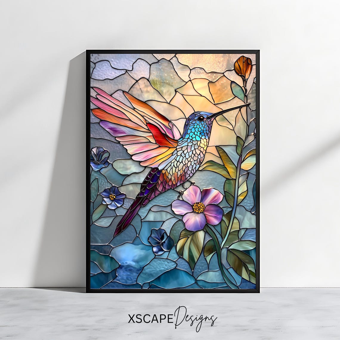 Stained Glass Hummingbird And Flowers Colorful Nature Art Poster