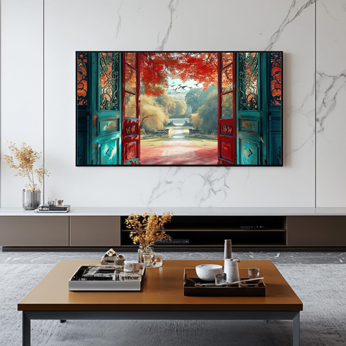Autumn Open Doors Red Maple Trees Garden Path Colorful Fall Art Poster - Image 2
