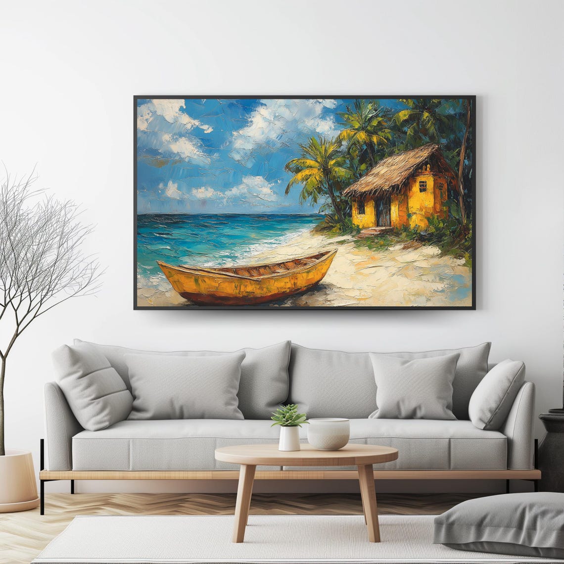 Tropical Beach Canoe Thatch Hut Palms Caribbean Island Scene Poster - Image 4