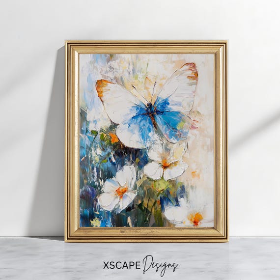 Vintage Butterfly Print Textured Floral Painting Rustic Nature Artwork Antique Botanical Wall Art Cottagecore Decor