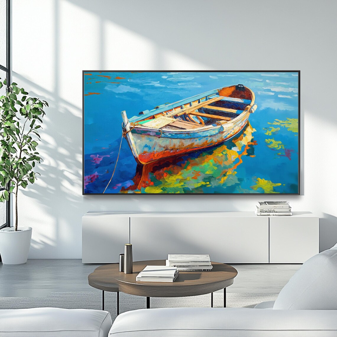 Rustic Wooden Boat Blue Water Sunny Seaside Coastal TV Art Poster - Image 4