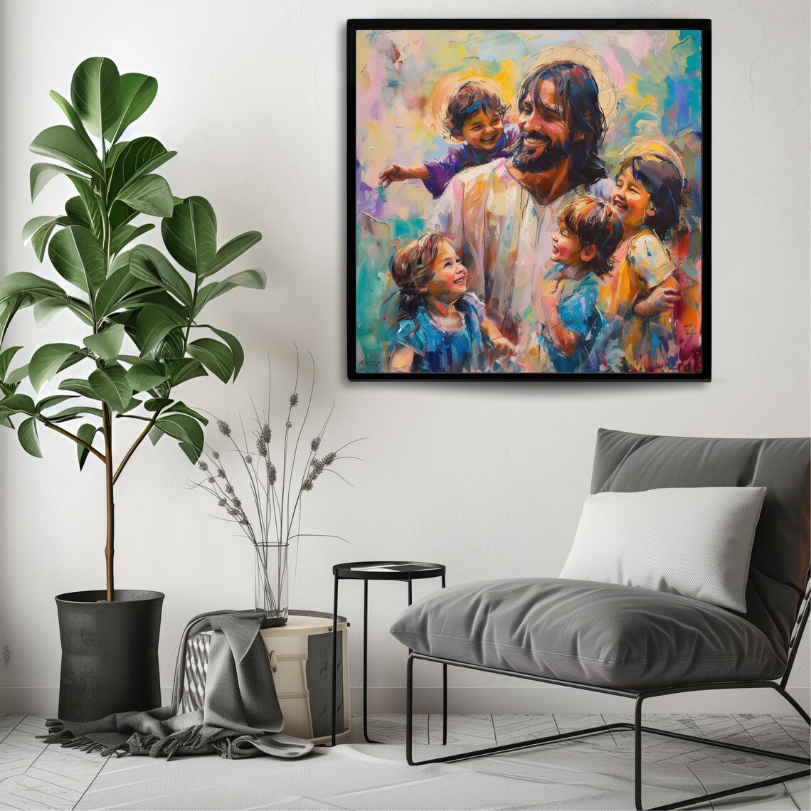 Jesus With Children Joyful Embrace Colorful Religious Painting Inspirational Poster - Image 3