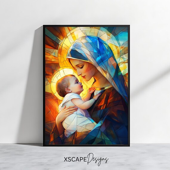 Virgin Mary And Jesus Stained Glass Madonna Child Golden Religious Art Print