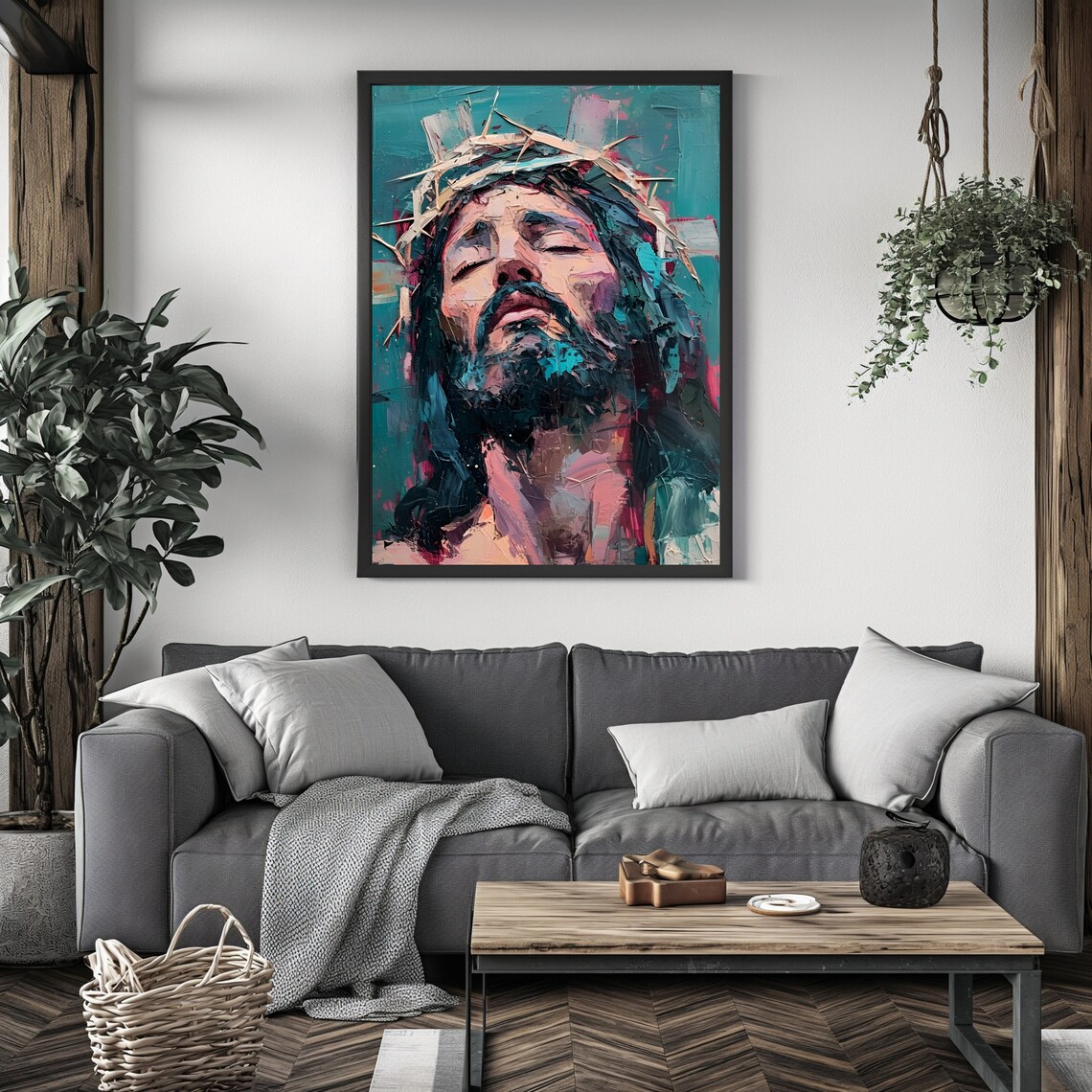 Jesus Christ Crown Of Thorns Upward Gaze Impasto Abstract Religious Art Poster - Image 4