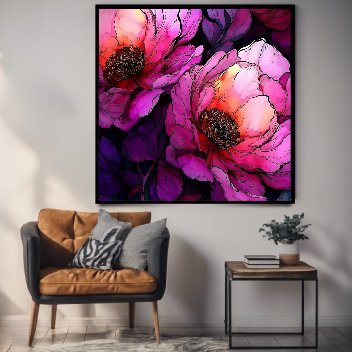 Vibrant Pink Peonies Alcohol Ink Blossoms Modern Floral Art Print - Image 3