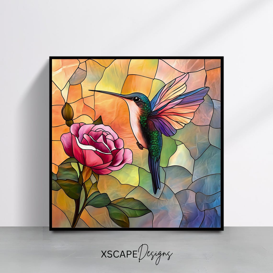 Hummingbird And Rose Stained Glass Style Colorful Floral Bird Poster