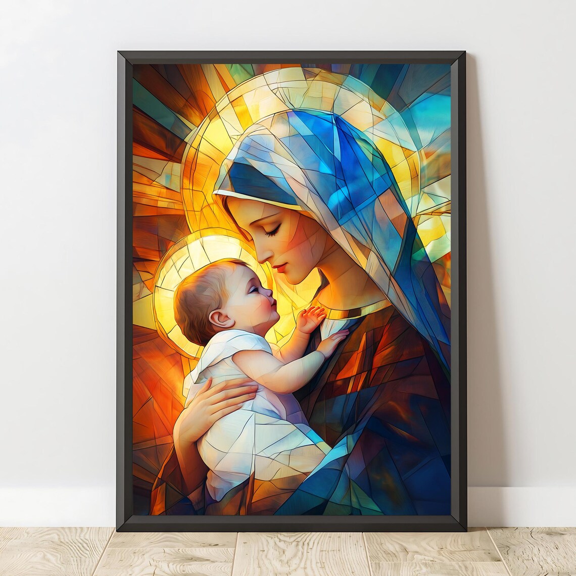 Virgin Mary And Jesus Stained Glass Madonna Child Golden Religious Art Print - Image 2