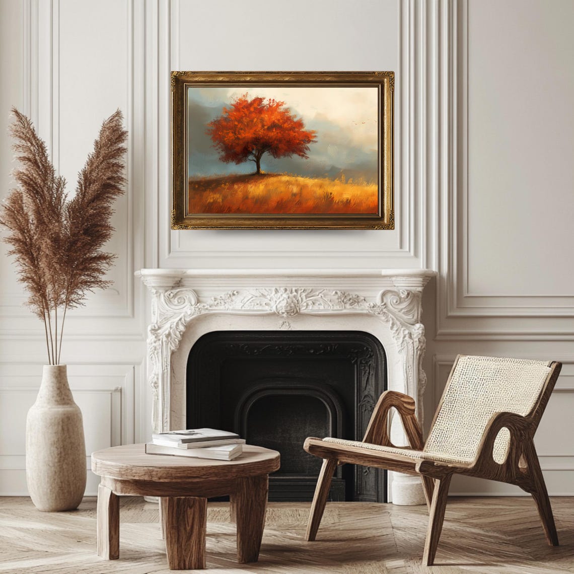 Red Autumn Tree Golden Hill Fall Foliage Meadow Landscape Wall Art - Image 3