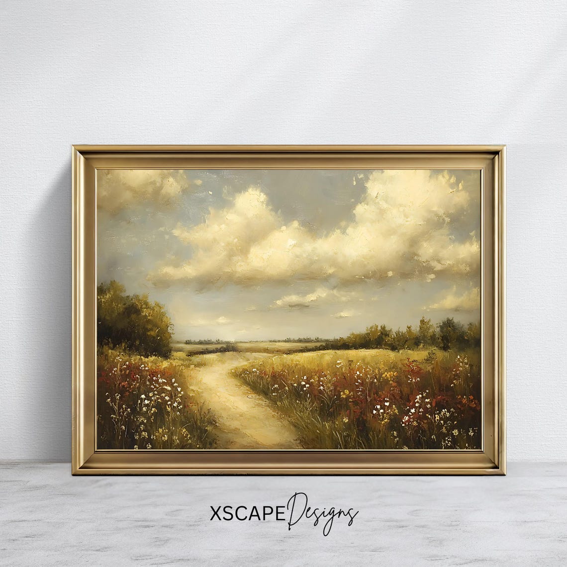 Country Dirt Path Wildflower Field Cloudy Sky Rural Meadow Wall Art