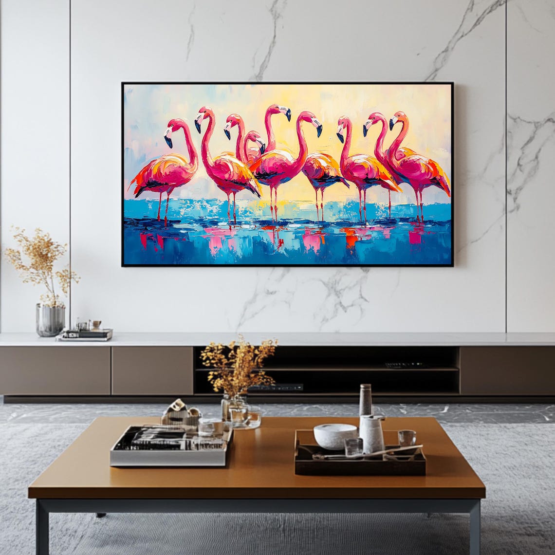 Pink Flamingos Wading Turquoise Water Golden Sky Tropical Poster - Image 2
