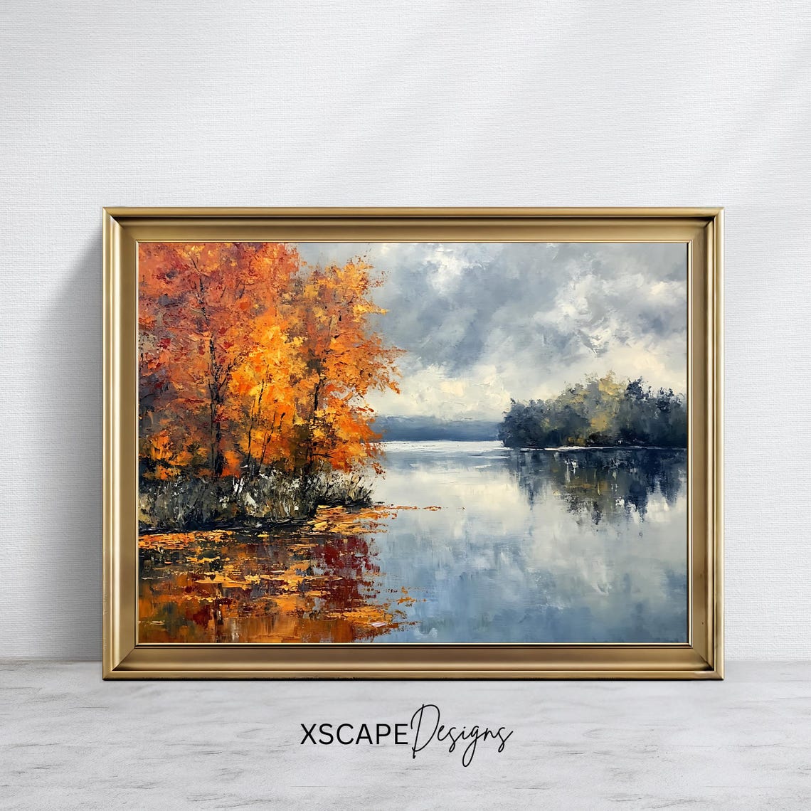 Autumn Lake Fiery Orange Trees Calm Water Cloudy Sky Reflection Print