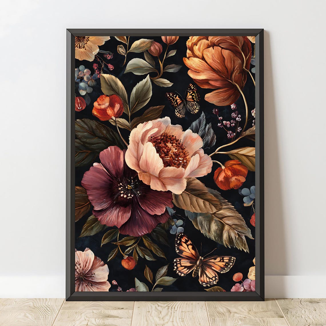 Dark Botanical Peony And Monarch Butterfly Moody Floral Art Poster - Image 2