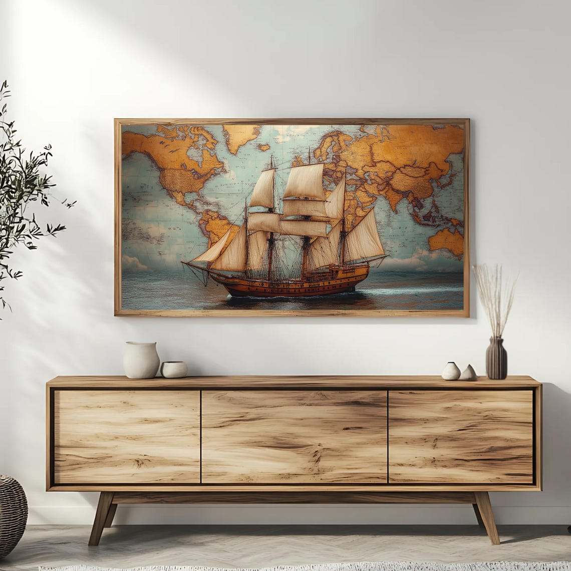 Vintage Tall Ship Sailing World Map Nautical Adventure Wall Art Poster - Image 3