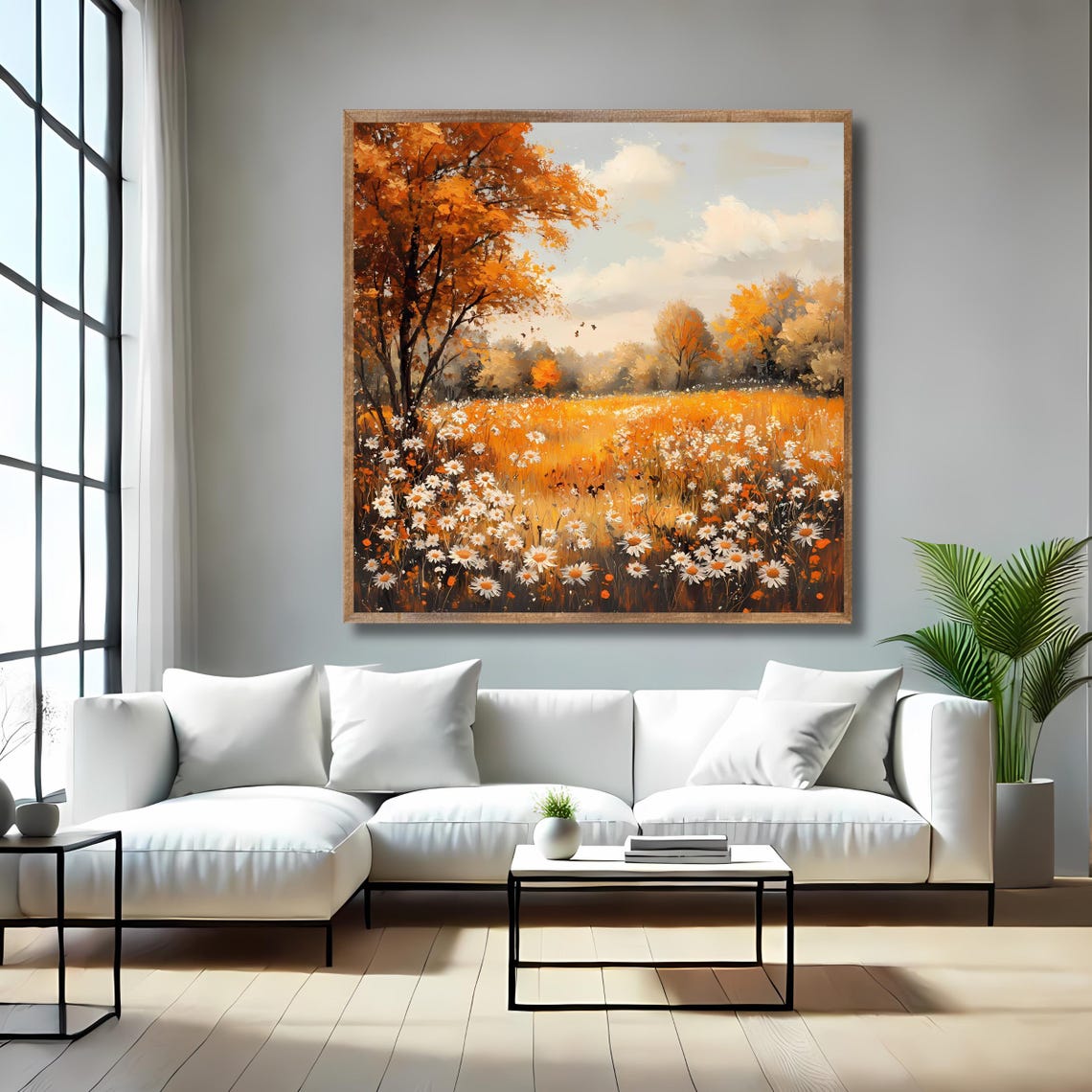 Autumn Meadow Daisy Field Fall Foliage Orange Tree Square Wall Art - Image 4