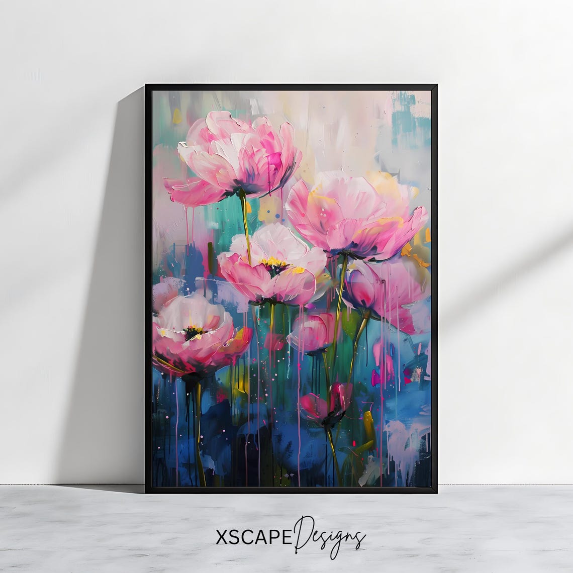 Pink Abstract Floral Dripping Paint Vibrant Modern Botanical Wall Art