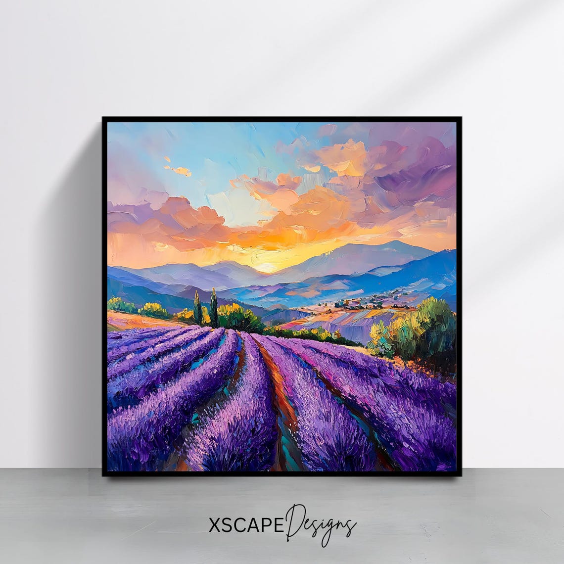 Lavender Field Rows Sunset Glow Over Distant Mountains View Poster