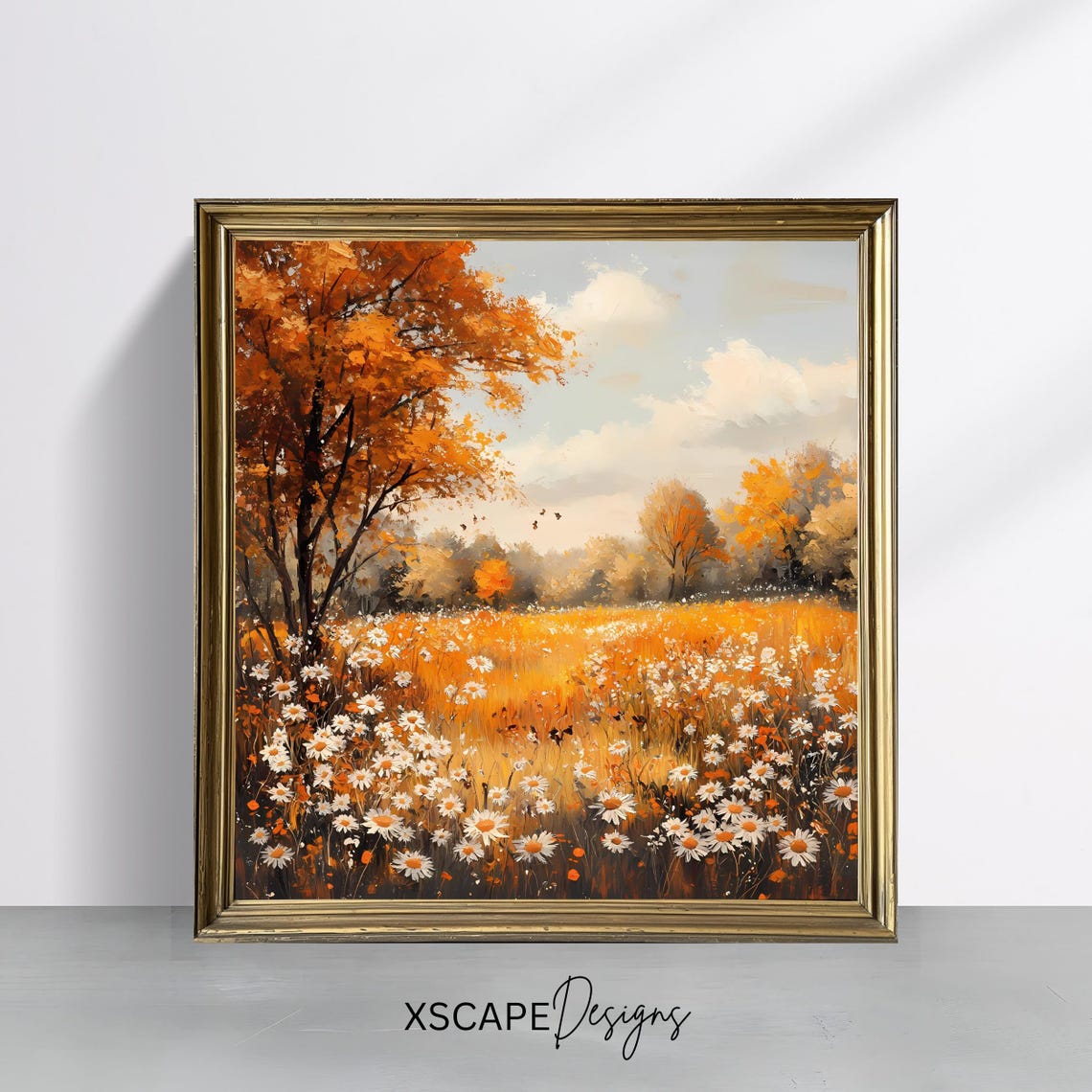 Autumn Meadow Daisy Field Fall Foliage Orange Tree Square Wall Art
