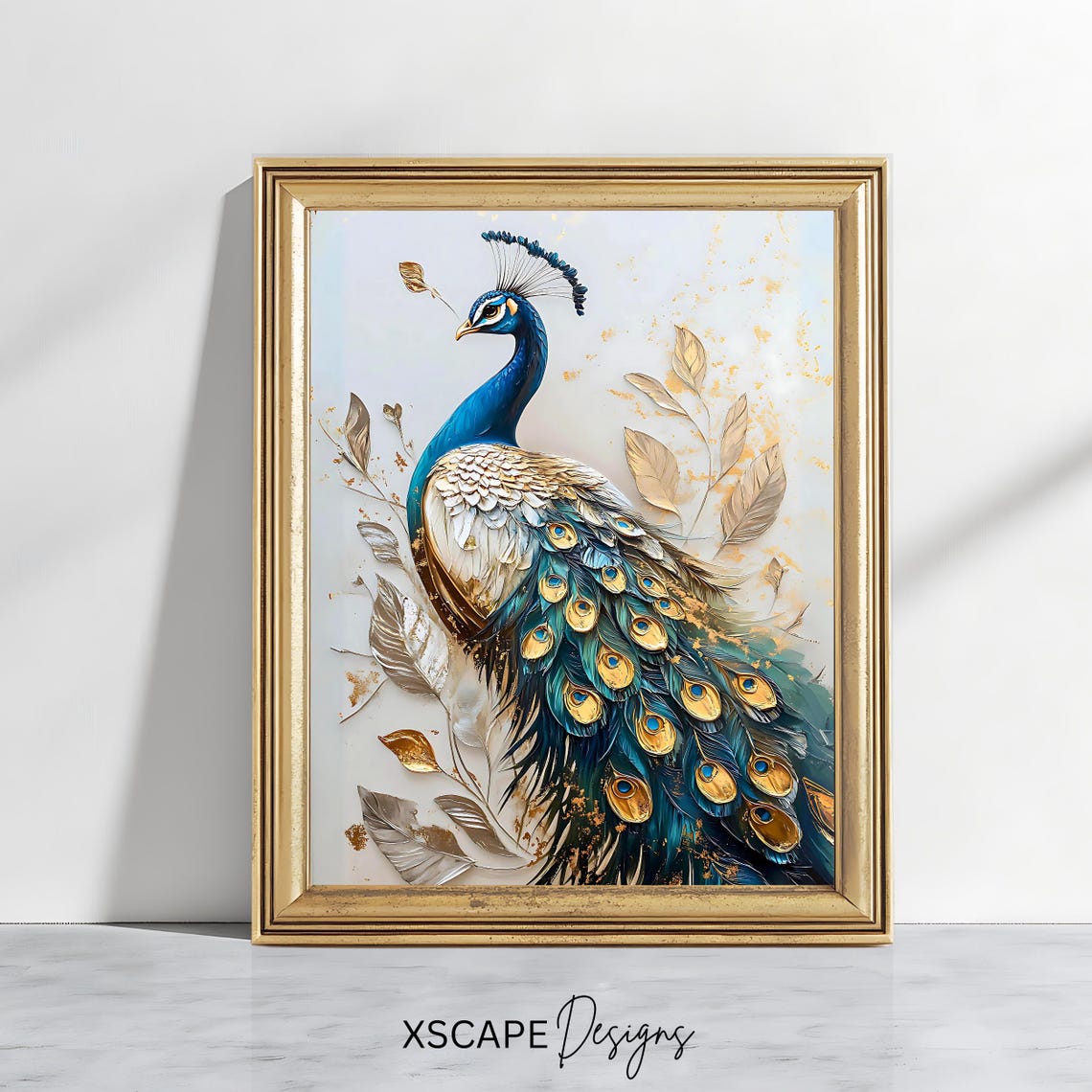 Elegant Peacock Gold And Teal Feathers Ornate Plumage Wall Art Print