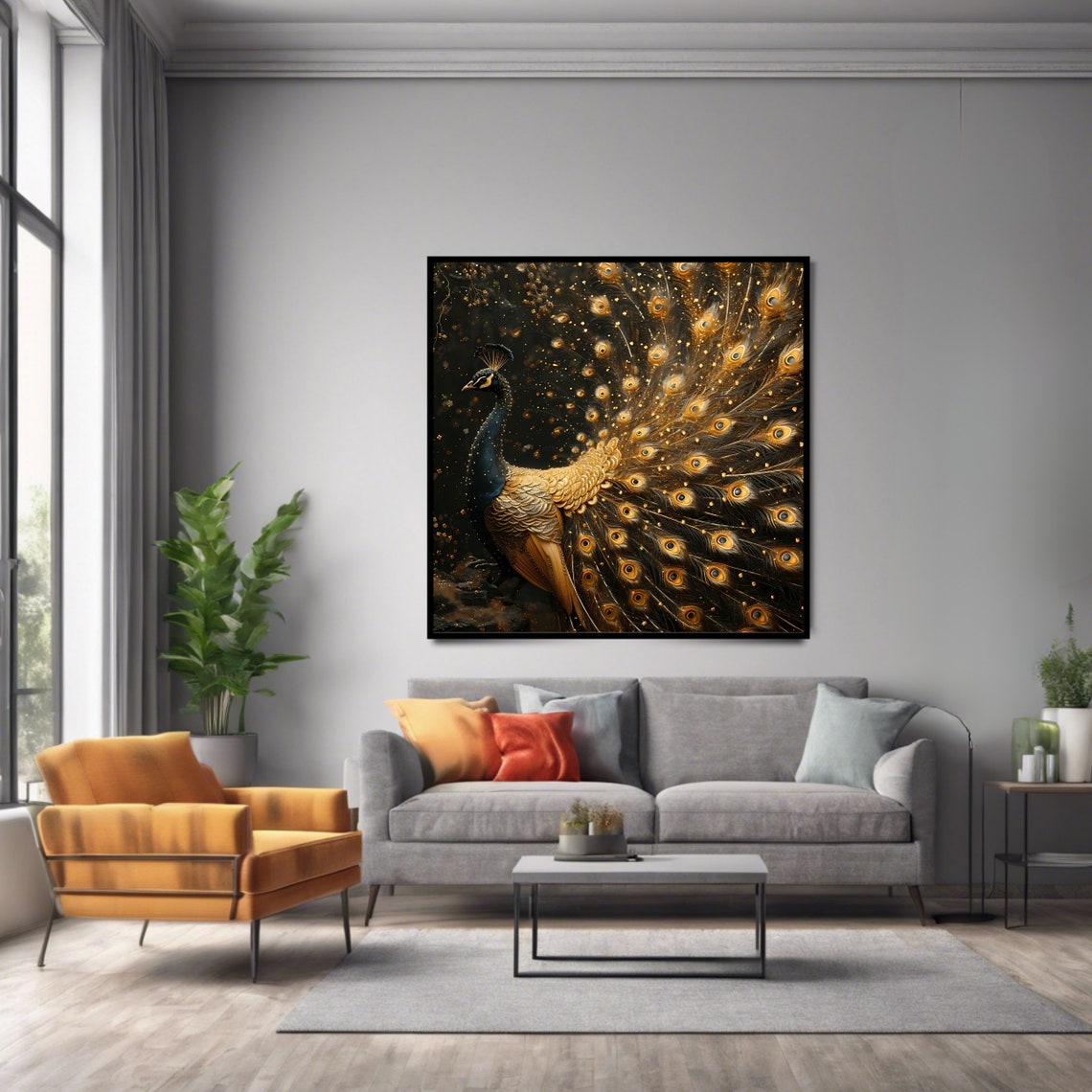 Golden Peacock Full Tail Display Black Background Elegant Bird Print - Image 2