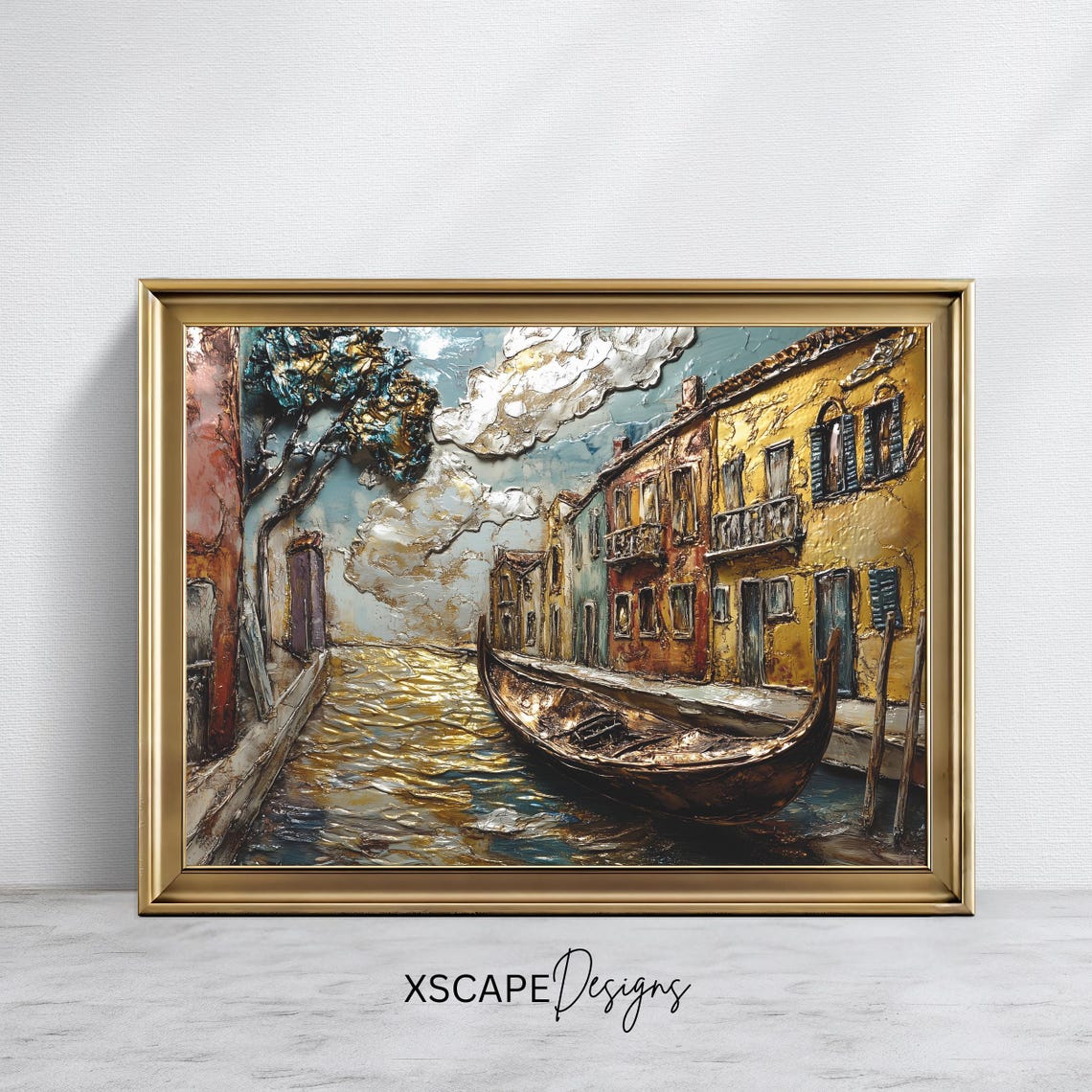 Venice Gondola Canal Textured Golden Impasto Italian Cityscape Poster