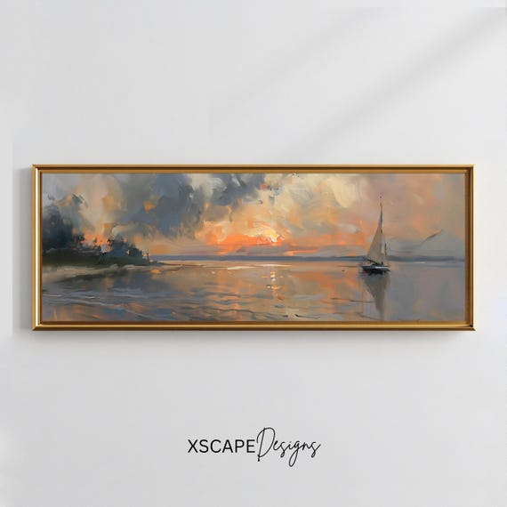 Sailboat Wall Art Long Horizontal Narrow Print Elegant Sunset Landscape Artwork For Above Couch Or Bed