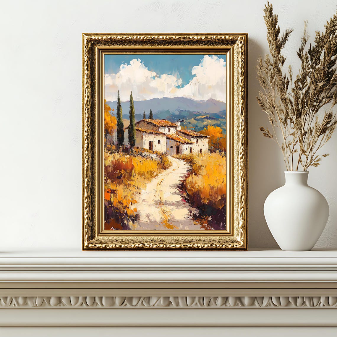 Tuscan Villa Golden Wheat Fields Cypress Trees Mountain View Poster - Image 2