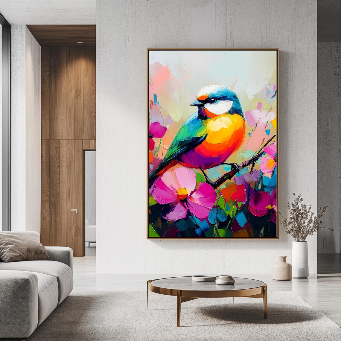 Rainbow Songbird Among Pink Cosmos Flowers Colorful Nature Wall Art - Image 3