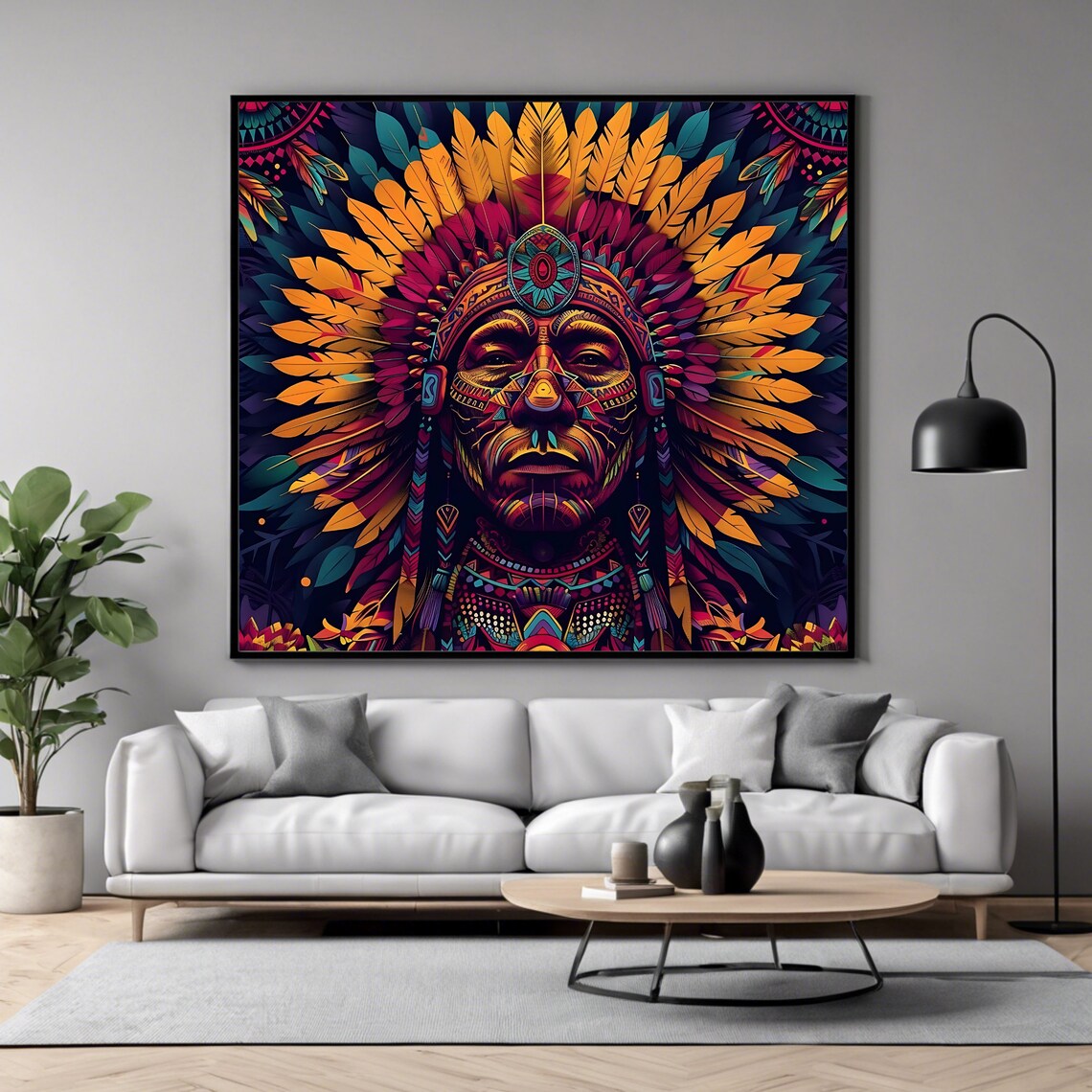 Tribal Warrior Wall Art Print Vibrant Native Headdress Artwork Cultural Square Poster - Image 4